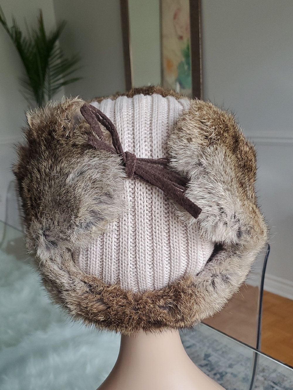 Real Rabbit Fur Cable Knit Trapper Hat - Picture 8 of 11